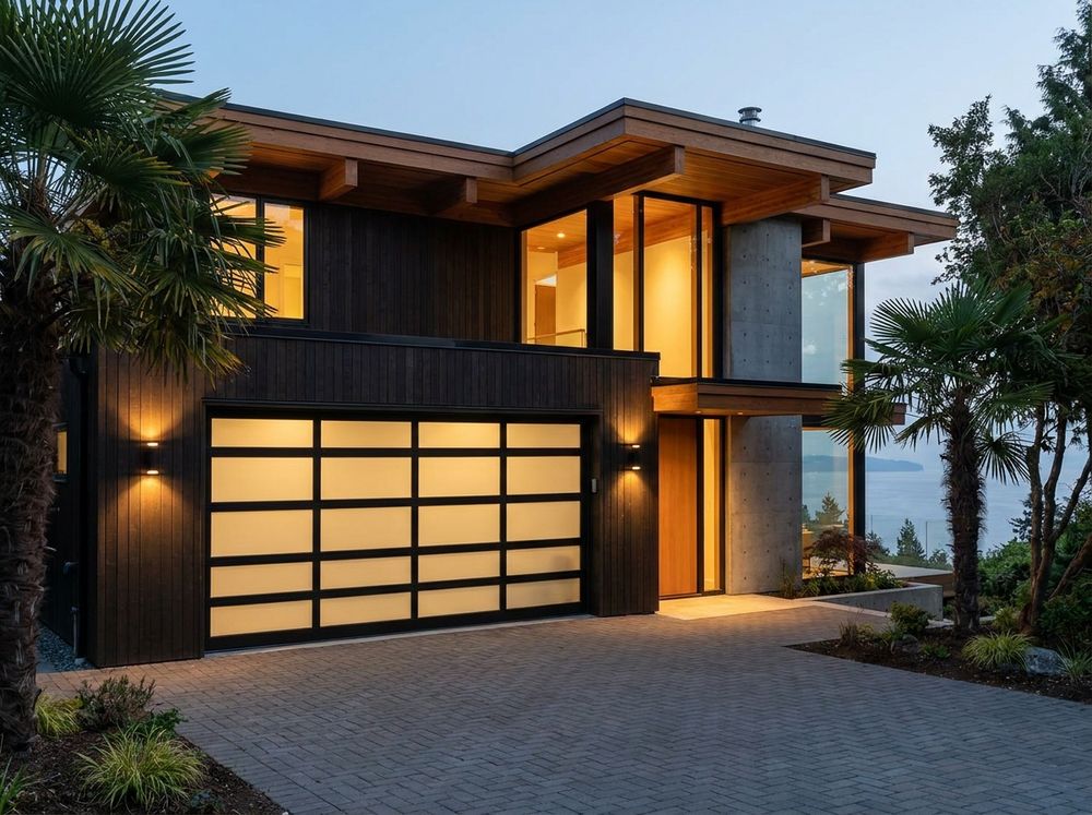 Full-view aluminum and glass garage door on a West Vancouver home