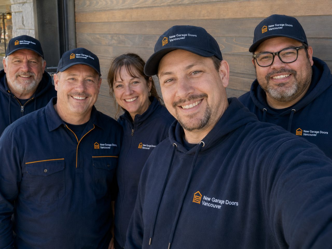 The New Garage Doors Vancouver family team in front of their work van